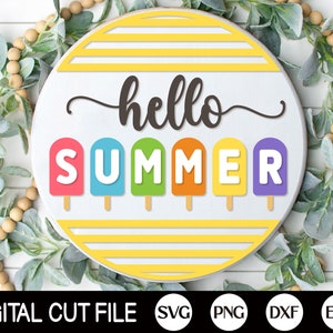 Hello Summer Welcome Sign, Round Door Hanger SVG, Summer Sign Svg, Summer Door Decor, Glowforge, Png, Dxf, Svg Files for Cricut