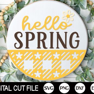 Hello Spring Willkommensschild, Ostern Türhänger SVG, Osterschild Svg, Blumen Türdekor, Glowforge, Png, Dxf, Svg Dateien für Cricut