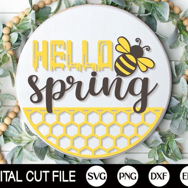 Hello Spring Welcome Sign SVG, Round Door Hanger SVG, Spring Sign Svg, Farmhouse Spring Door Decor, Glowforge, Png, Svg Files for Cricut