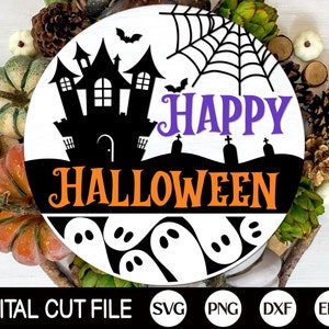 Happy Halloween Welcome Sign SVG, Halloween Door Hanger SVG, Haunted House SVG, Ghost Svg, Halloween Sign Svg, Glowforge Laser Cut File