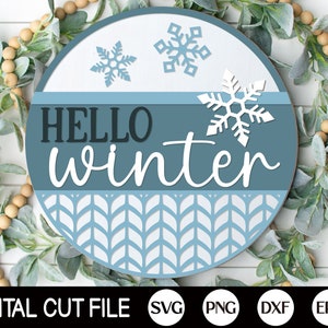 Hallo Winter Deur Hanger SVG, Kerst Welkomstbord SVG, Ronde Winter Teken Svg, Kerst Decor, Glowforge Laser Cut File