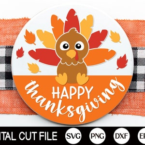 Szczęśliwego Święta Dziękczynienia Indyk Witamy Znak SVG, Gobble SVG, Zawieszka na Drzwi na Święto Dziękczynienia SVG, Okrągły Znak na Święto Dziękczynienia SVG, Plik Cięcia Laserowego Glowforge