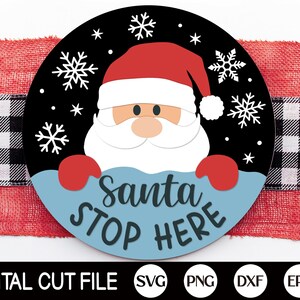 Cabide de porta de Papai Noel SVG, sinal de boas-vindas de Natal SVG, Papai Noel pare aqui Svg, sinal de porta redondo de Natal Svg, arquivo de corte a laser Glowforge