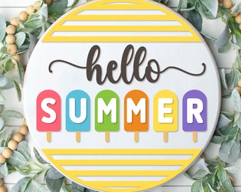 Hallo Sommer Willkommensschild, Runde Türaufhänger SVG, Sommerschild Svg, Sommer Tür Dekor, Glowforge, Png, Dxf, Svg Dateien für Cricut