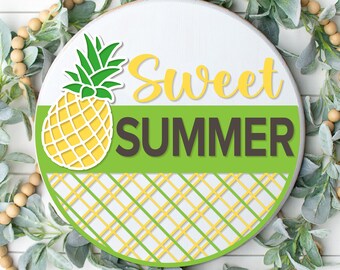 Sweet Summer Welcome Sign, Pineapple Door Hanger SVG, Summer Sign Svg, Summer Door Decor, Glowforge, Png, Dxf, Svg Files for Cricut