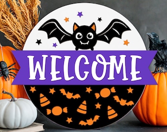 Halloween Bat Welcome Sign SVG, Halloween Door Hanger SVG, Bat Svg, Halloween Sign Svg, Wood Decor, Glowforge Laser Cut File