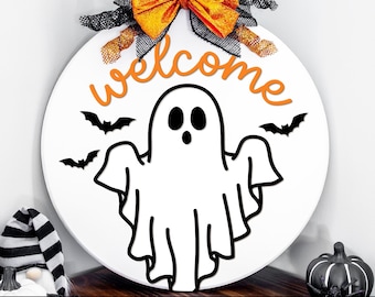 Halloween Ghost welkom teken SVG, Halloween deurhanger SVG, Ghost Svg, Boo Svg, ronde Halloween teken Svg, Glowforge lasergesneden bestand