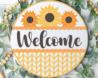 Jesienny znak powitalny, okrągły wieszak na drzwi słonecznikowy SVG, jesienny znak SVG, dekoracja drzwi na jesień w stylu wiejskim, Glowforge, pliki Png, SVG dla Cricut