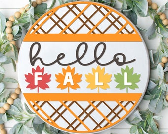 Hello Fall Welcome Sign, Round Door Hanger SVG, Farmhouse Fall Sign Door Decor, Glowforge, Png, Dxf, Svg Files for Cricut