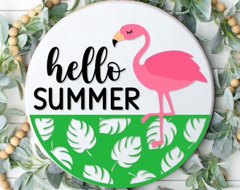Hej sommar välkomstskylt, rund dörrhängare SVG, sommarskylt Svg, flamingo sommardörrdekor, Glowforge, Png, Dxf, Svg-filer för Cricut
