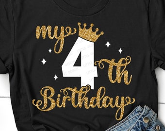 May include: A black t-shirt with a gold glitter design that says "my 4th birthday". The number 4 is large and has a gold glitter crown on top.