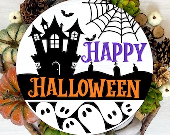 Happy Halloween Welcome Sign SVG, Halloween Door Hanger SVG, Haunted House SVG, Ghost Svg, Halloween Sign Svg, Glowforge Laser Cut File