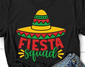 May include: Black t-shirt with a green, red, and yellow sombrero and the text "Fiesta Squad" in red, green, and yellow.