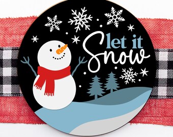 Let it Snow Welcome Sign SVG, Bożonarodzeniowy wieszak na drzwi SVG, Bałwan SVG, Zimowy znak na ganku, Okrągły znak świąteczny SVG, Plik do cięcia laserowego Glowforge