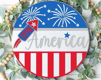 Patriotic Welcome Sign, Round Door Hanger SVG, 4th of July Sign Svg, America Fireworks Door Decor, Glowforge, Png, Svg Files for Cricut