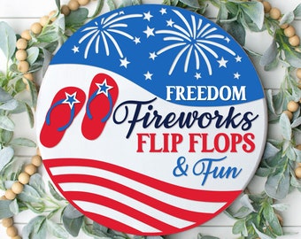 Patriotisk välkomstskylt, rund dörrhängare SVG, 4 juli-skylt Svg, Freedom Fireworks dörrdekor, Glowforge, Png, Svg-filer för Cricut