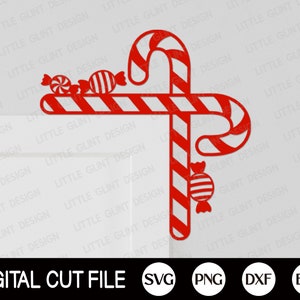 May include: Red and white candy cane with red and white candy pieces hanging from it.  The candy cane is in a corner position.  Digital cut file SVG, PNG, DXF, EPS.