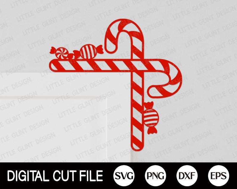 May include: Red and white candy cane with red and white candy pieces hanging from it.  The candy cane is in a corner position.  Digital cut file SVG, PNG, DXF, EPS.