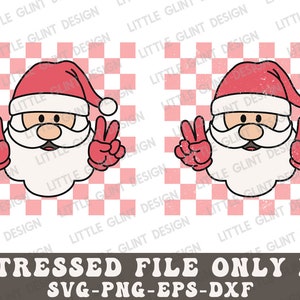 May include: A digital illustration of Santa Claus with a red hat and white beard giving the peace sign with both hands. The background is a pink and white checkered pattern.
