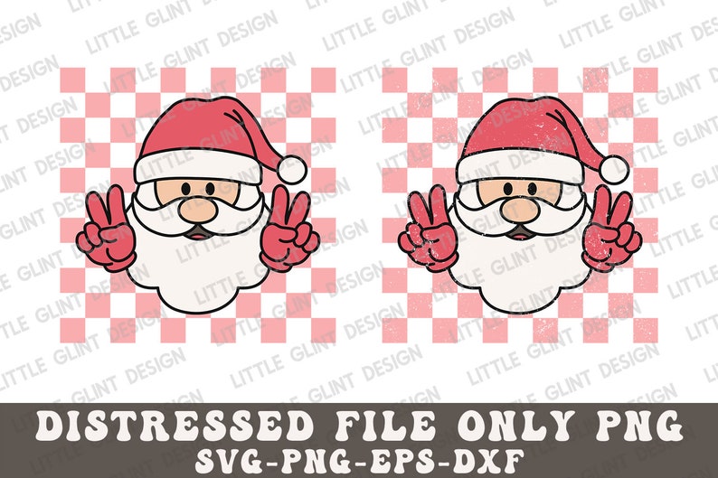 May include: A digital illustration of Santa Claus with a red hat and white beard giving the peace sign with both hands. The background is a pink and white checkered pattern.