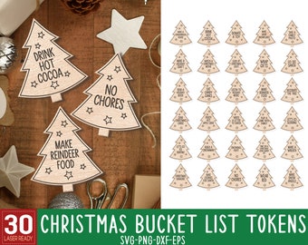 30 kerstboomtokens SVG, kerstemmerlijsttokens SVG, aftellen van kerst, kinderkersttoken, Glowforge lasergesneden bestand