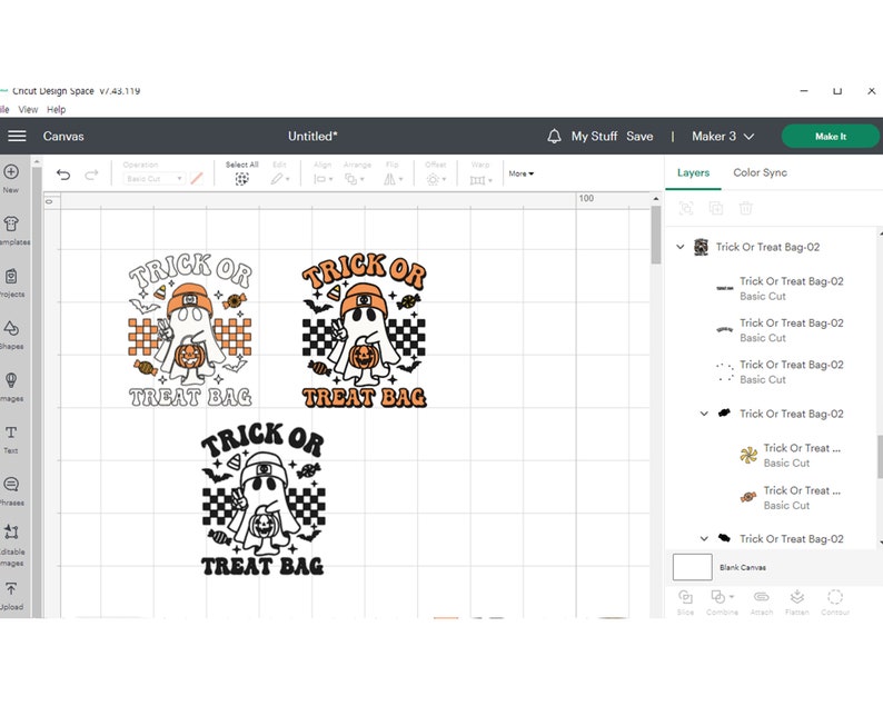 Pu&ograve; includere: Un design digitale per un sacchetto di dolcetti di Halloween con un fantasma che tiene una zucca in mano. Il design include il testo "Trick or Treat Bag" in lettere nere e arancioni.