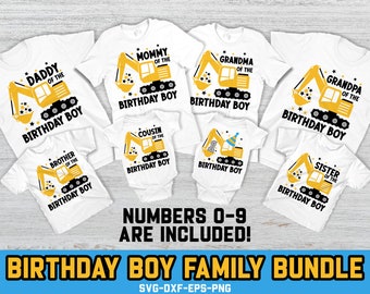 Grävmaskin födelsedagspojkar SVG, familjepaket Svg, bygg Svg, barnfödelsedagsmatchande t-shirts, Svg-filer för Cricut