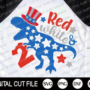 4 de julio Dinosaurio Svg, Blanco Rojo y Dos Svg, T-Rex Svg, Día de conmemoración, Camisa de cumpleaños americana, Bandera Americana, Archivos Svg para Cricut