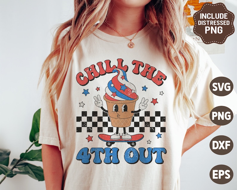 May include: A white t-shirt with the text "Chill the 4th Out" in blue and red letters. A cartoon ice cream cone with a red, white, and blue design is skateboarding. The ice cream cone has a face with eyes and a smile. The ice cream cone is wearing a red, white, and blue hat.