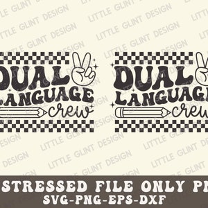 May include: Black and white graphic design with the text "Dual Language Crew" in a retro font. The design includes a peace sign, a pencil, and a checkered pattern.