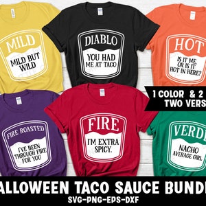 Pacote de 6 grupos de molho taco de Halloween, Halloween Svg, festa à fantasia de molho quente correspondente, camisa engraçada de Halloween Svg, arquivos Svg para Cricut
