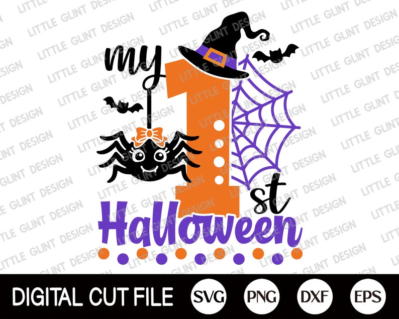 May include: Orange and purple Halloween-themed design featuring a spider, a witch's hat, and the text "my 1st Halloween".