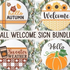 Paquete de letreros de bienvenida de otoño, colgador de puerta redonda SVG, letrero de otoño svg, decoración de calabaza hola, glowforge, girasol png, archivos svg para cricut
