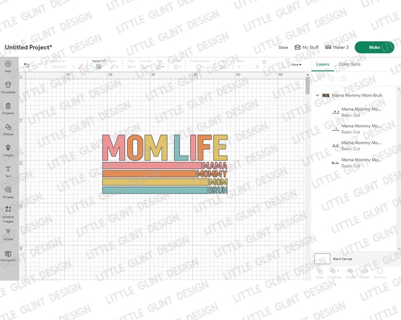 May include: A digital design for a craft project featuring the text "MOM LIFE" in colourful block letters with a layered design of stripes in pink, orange, yellow, and blue.