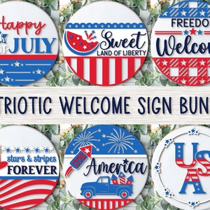 Patriotic Welcome Sign Bundle, Round Door Hanger SVG, 4th of July Sign Svg, America Door Decor, Glowforge, Png, Dxf, Svg Files for Cricut