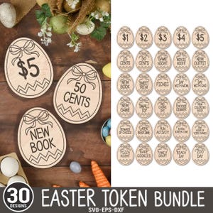 Oeuf de Pâques jetons SVG, lot de 30 récompenses Pâques jetons Svg, panier de Noël pour enfants, prix chasse aux œufs Svg