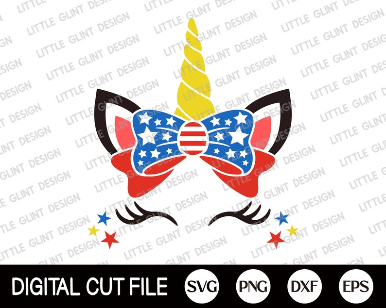 May include: A digital cut file design of a unicorn with a red, white, and blue bow and stars. The unicorn has a yellow horn and black ears. The design is perfect for creating patriotic crafts and decorations.