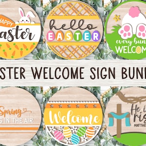 Easter Welcome Sign Bundle, Round Door Hanger SVG, Easter Sign Svg, Farmhouse Spring Door Decor, Glowforge, Png, Dxf, Svg Files for Cricut