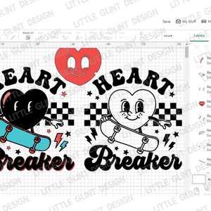 K&ouml;nnte beinhalten: Zwei Schwarzwei&szlig;illustrationen eines herzf&ouml;rmigen Charakters, der auf einem Skateboard f&auml;hrt. Der Text "HEART BREAKER" befindet sich &uuml;ber jedem Charakter. Ein Herz ist rot und das andere ist schwarz.