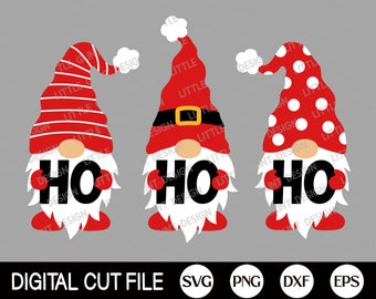 May include: Three red and white gnomes holding a black sign that says "HO HO HO".