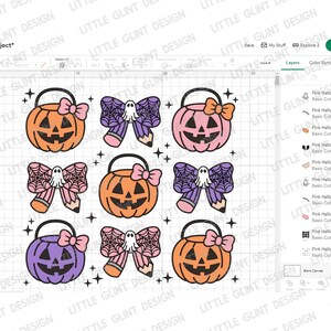 K&ouml;nnte beinhalten: Ein digitales Design von sechs Halloween-k&uuml;rbissen mit rosa Schleifen und einem Geister- und Bleistift-Design. Die K&uuml;rbisse sind orange, rosa und lila.