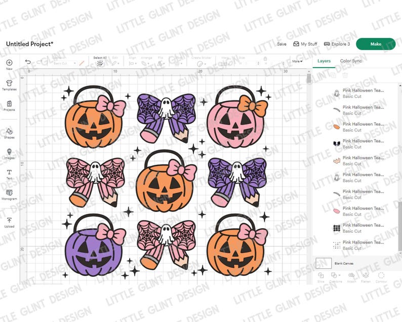 K&ouml;nnte beinhalten: Ein digitales Design von sechs Halloween-k&uuml;rbissen mit rosa Schleifen und einem Geister- und Bleistift-Design. Die K&uuml;rbisse sind orange, rosa und lila.