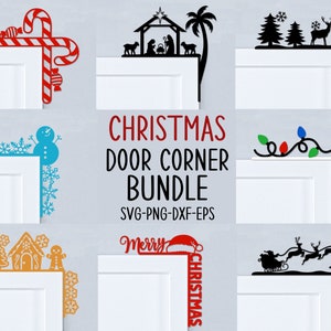 May include: A set of 10 Christmas door corner SVG cut files. The designs include a snowman, candy canes, a nativity scene, a reindeer, Christmas lights, a gingerbread house, a Santa hat, and a sleigh with reindeer. The text "Merry Christmas" is also included.  SVG-PNG-DXF-EPS
