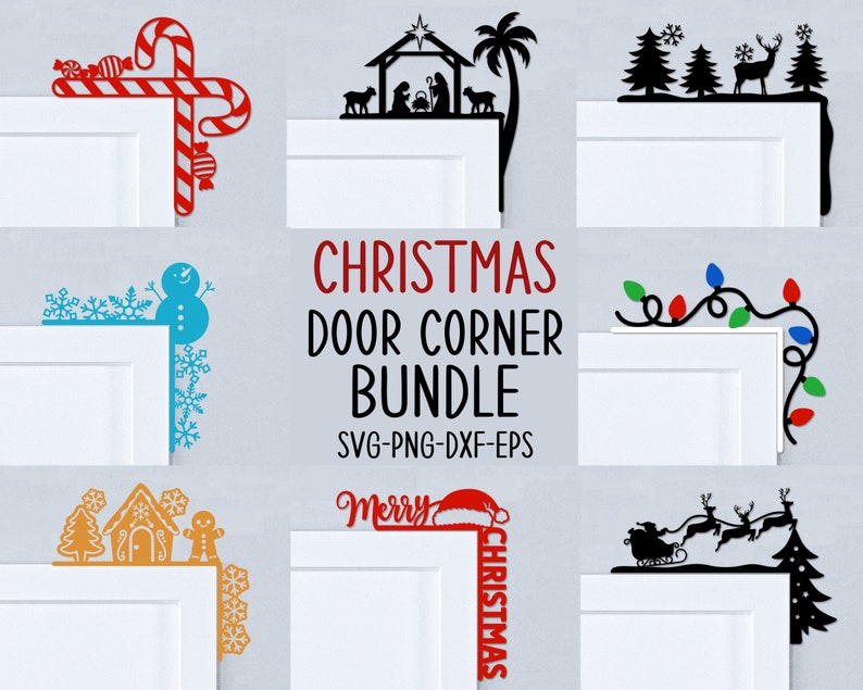 May include: A set of 10 Christmas door corner SVG cut files. The designs include a snowman, candy canes, a nativity scene, a reindeer, Christmas lights, a gingerbread house, a Santa hat, and a sleigh with reindeer. The text "Merry Christmas" is also included.  SVG-PNG-DXF-EPS