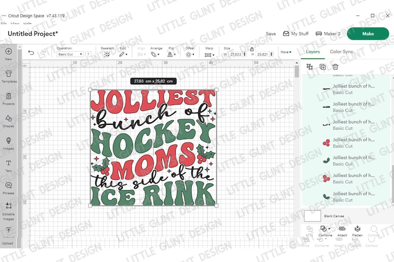 May include: A digital design with the text "Jolliest bunch of HOCKEY MOMS this side of the ICE RINK" in red and green retro font. The design is approximately 27.83 cm wide and 25.82 cm tall.