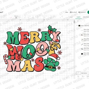 May include: A colorful graphic design with the text "Merry Woofmas" in a retro style. The design features a paw print with a Santa hat and a candy cane.
