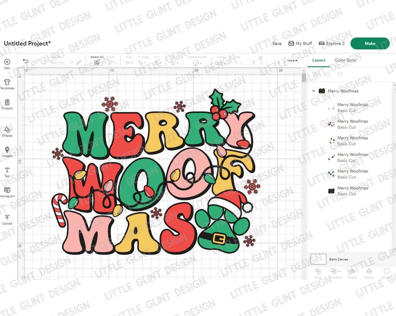 May include: A colorful graphic design with the text "Merry Woofmas" in a retro style. The design features a paw print with a Santa hat and a candy cane.