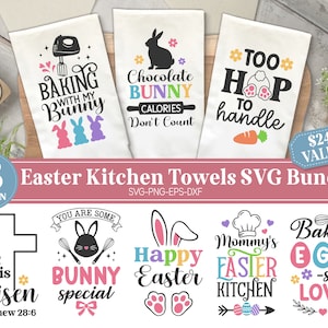 Pacote SVG de toalhas de cozinha de Páscoa, SVG de cozimento de Páscoa, citações de cozimento de avental Svg, pacote de toalhas de chá de coelhinho da Páscoa, arquivos SVG para Cricut