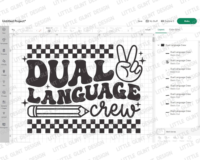 May include: Black and white design with the text "Dual Language Crew" in a retro font. The design includes a peace sign, a pencil, and a checkered pattern.
