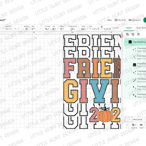 May include: A digital design file displayed on a software interface featuring the stacked text 'FRIENDSGIVING 2021' in a collegiate block font. The letters are outlined in black with fill colors of muted orange, pink, and blue, and a pumpkin icon.